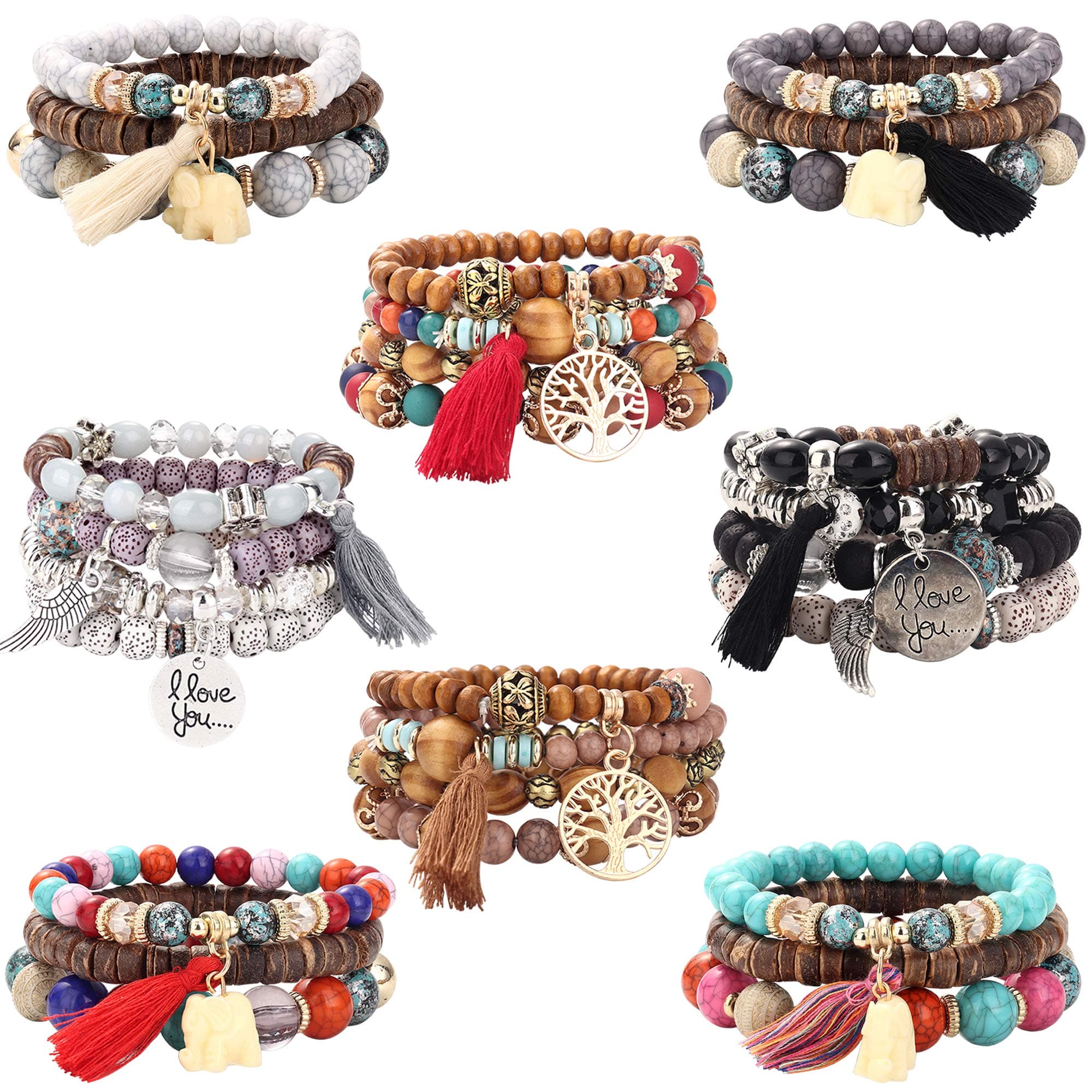 Subiceto 8 Set Bohemian Wood Beads Bracelet Set for Women Multilayer Tassel Stackable Beaded Charm Stretch Statement Bracelet Set