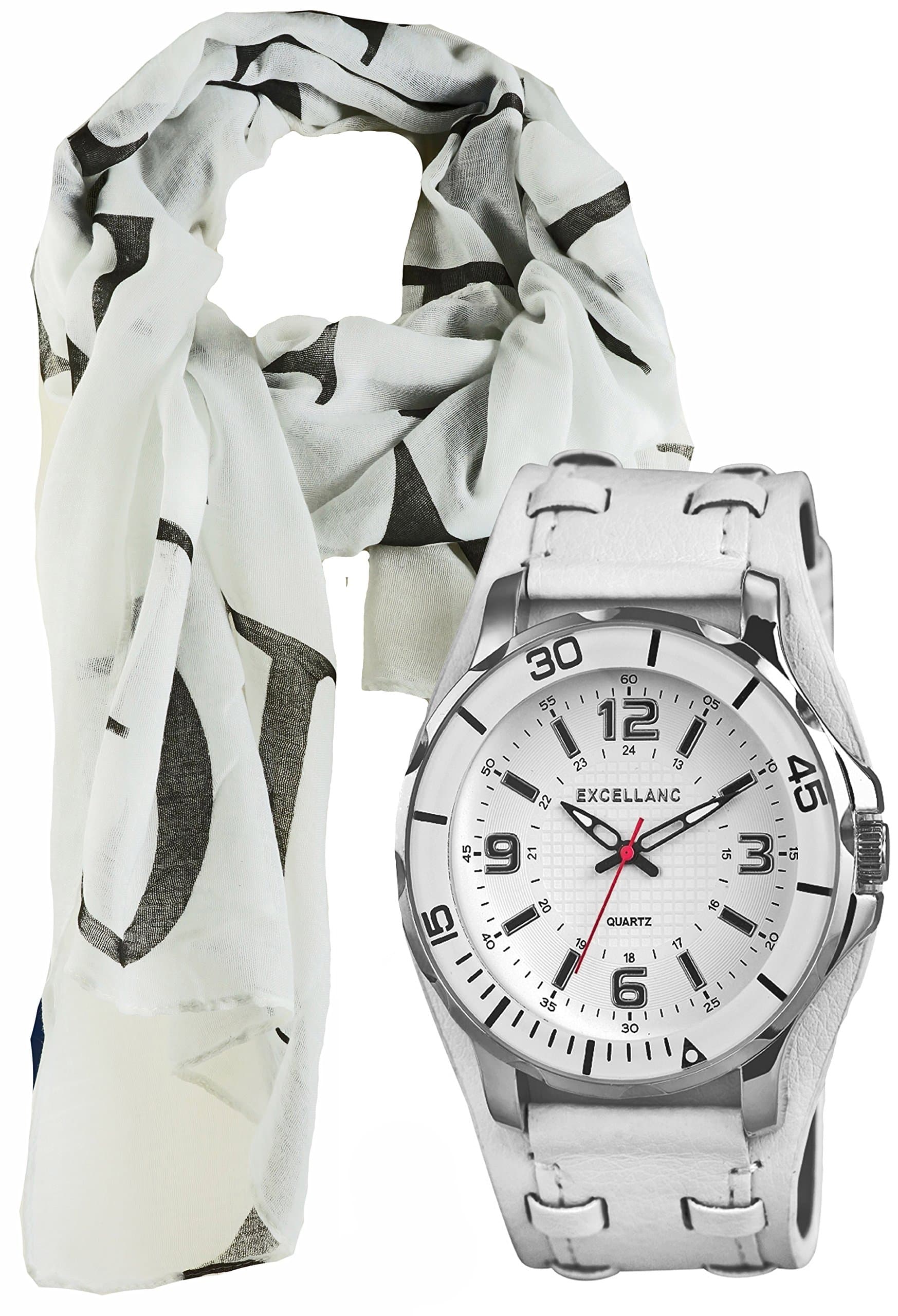 Exclusive Large Case Unisex Quartz Wrist Watch Gift Set In This with Breathable Lightweight Neckerchief Scarf Black/White with Longevity calligraphy set.