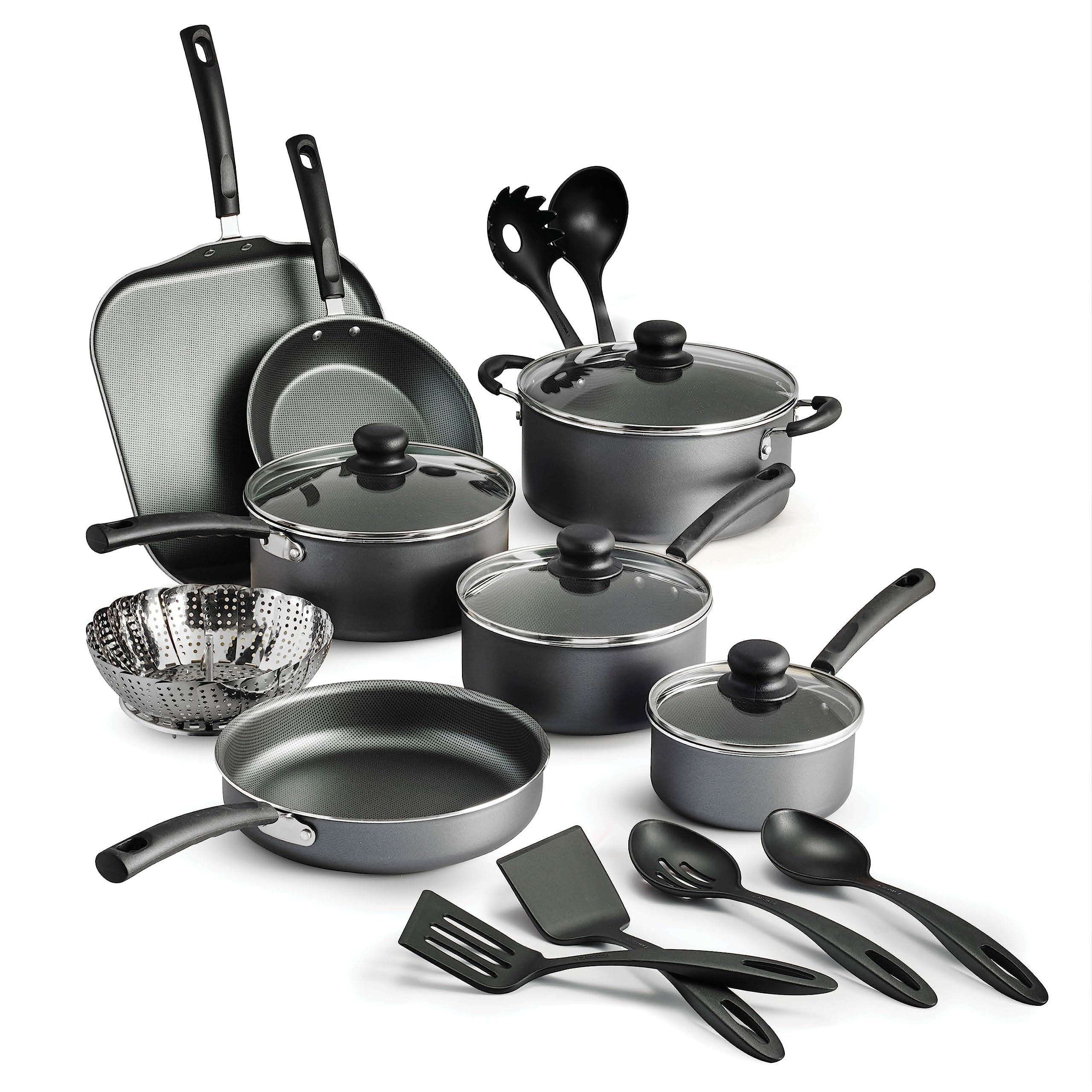 18 Piece Nonstick Cookware Set - Gray - Aluminum Construction, Dishwasher Safe, Compatible with Gas, Electric, Ceramic Cooktops - Includes Sauté Pans, Griddle, Dutch Oven, Cooking Utensils