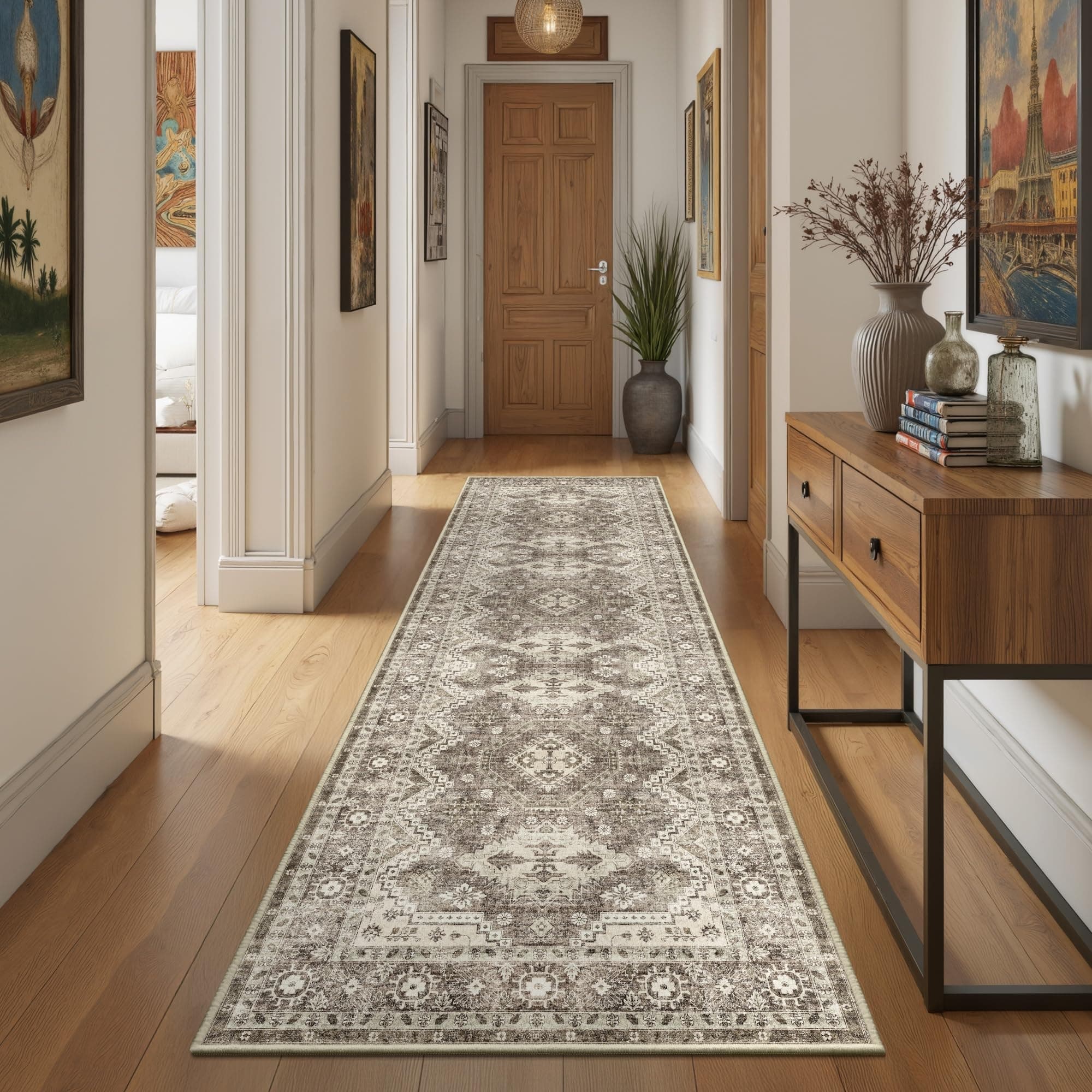 Rugland 2'6x8' Runner - Stain Resistant Entryway Rug, Anti Slip Backing Hallway Runner Rug, Vintage Tribal Area Rugs (TPR07-Ivory, 2'6x8')OEKO-TEX STANDARD 100