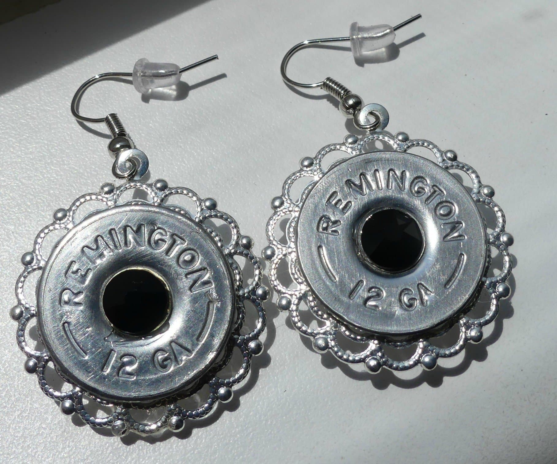 Remington Silver Filigree Shotgun Shell Earrings with Swarovski Jet Crystal