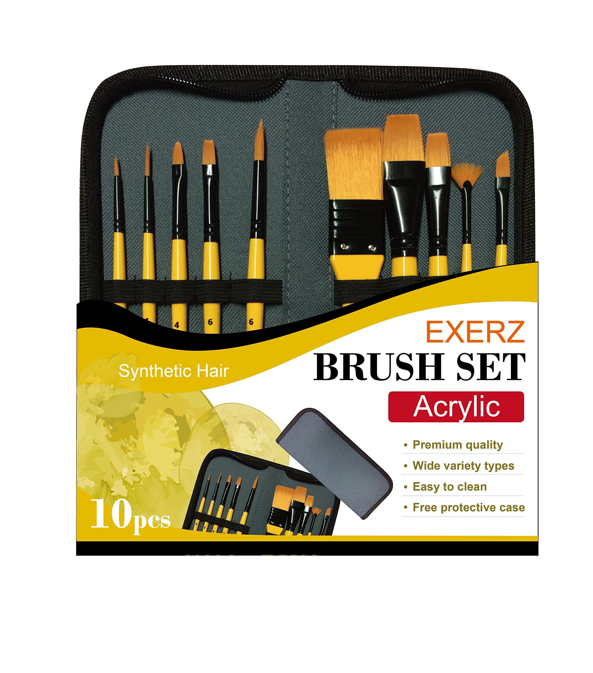 JH024 Artist Paint Brush Set – 10 pcs Professional Synthetic Hair Brushes in a Travel Case/Perfect for Acrylic Watercolour Gouache & Face Paint - Acrylic, yellow