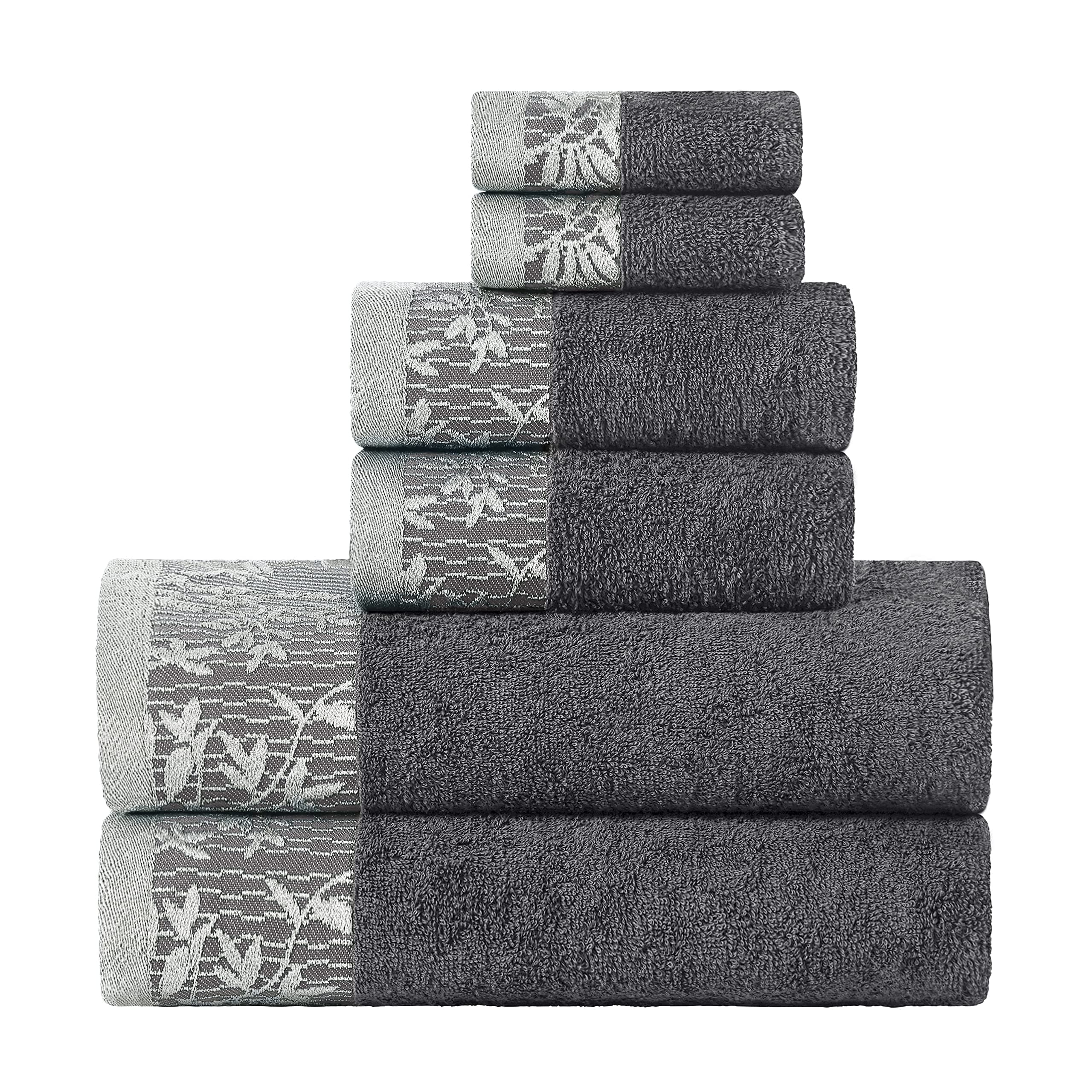 SUPERIOR 6 Piece Cotton Towel Set, Floral Jacquard Dobby Border, Quick Dry, Decorative Bathroom, Shower, Bath, Includes 2 Body, 2 Hand, 2 Face Towels/Washcloths, Wisteria Collection, Grey