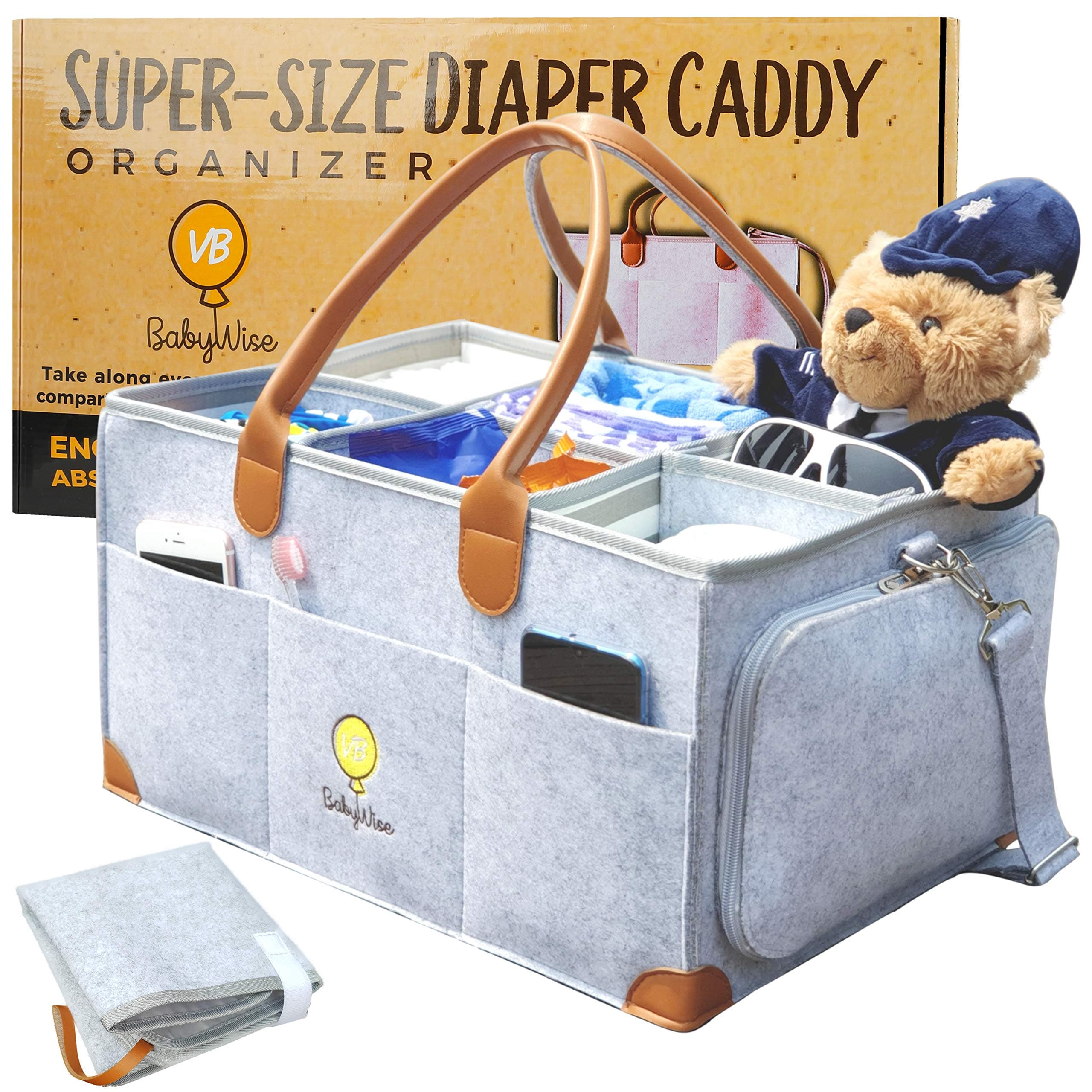 VBBabyWise Baby Diaper Caddy Organizer - Extra-Large 17x12x9 inch Portable Nursery Essential Storage Bin for Home or Traveling or Newborn Baby Shower Gift with Diaper Changing Pad bonus