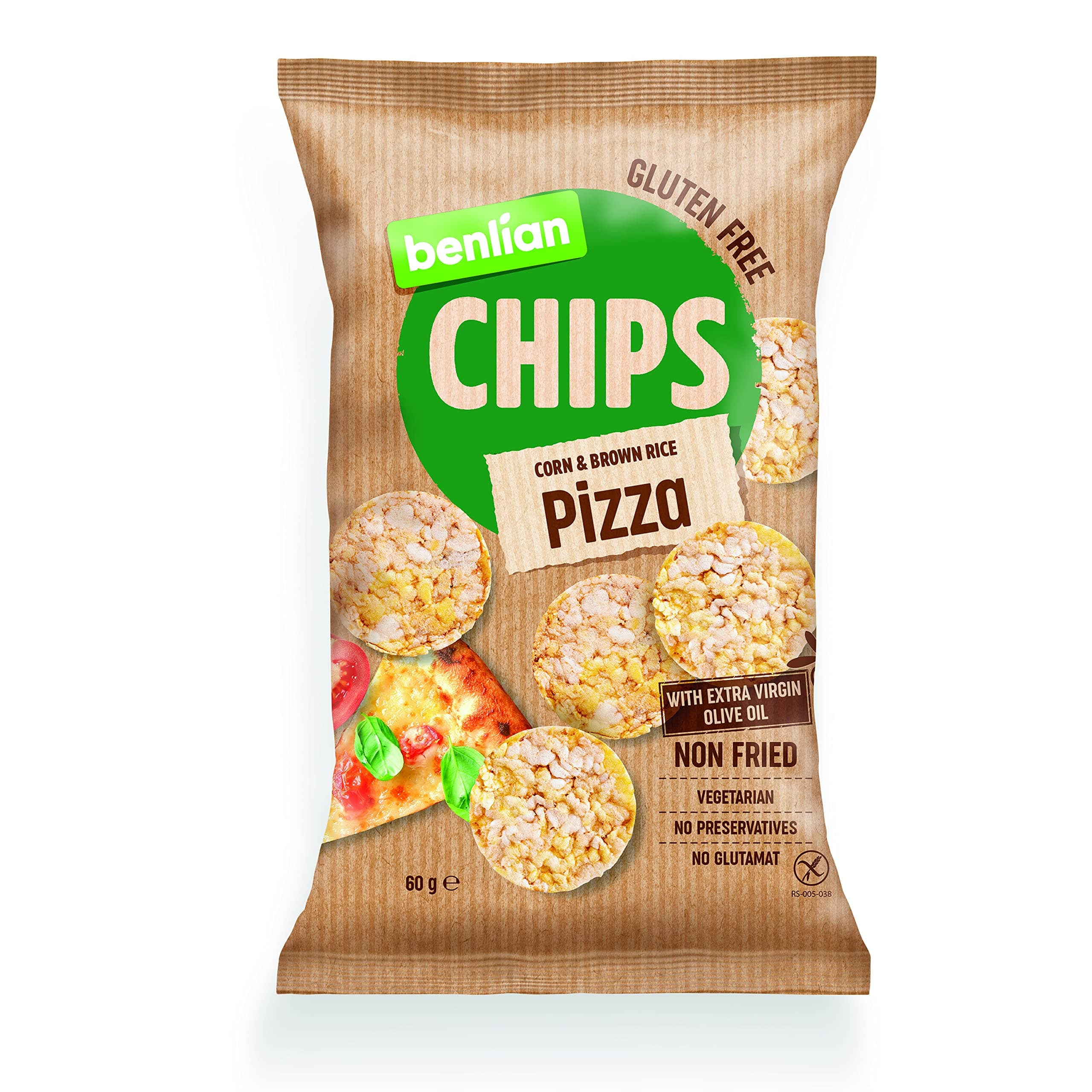Benlian Gluten Free Chips Corn & Brown Rice, Pizza 60g | With Extra Virgin olive Oil, Non Fried, Vegetarian, No Preservatives, Glutamat