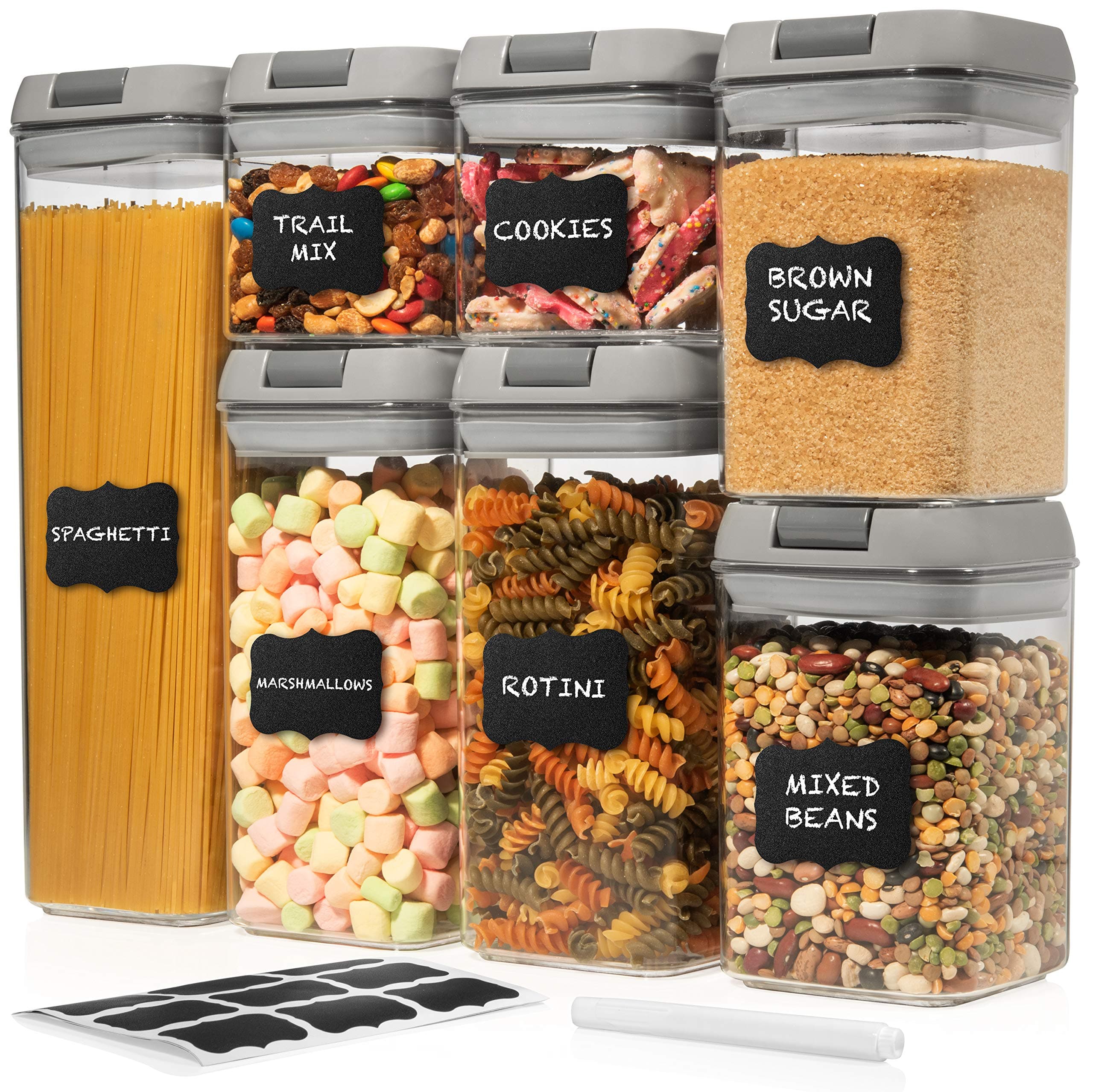 Shazo Airtight Food Storage Containers 7 Piece Set, Pantry Organizer BPA Free Plastic Flour, Pasta Containers with Easy Lock Lids for Kitchen Pantry Organization and Storage Includes Labels & Marker