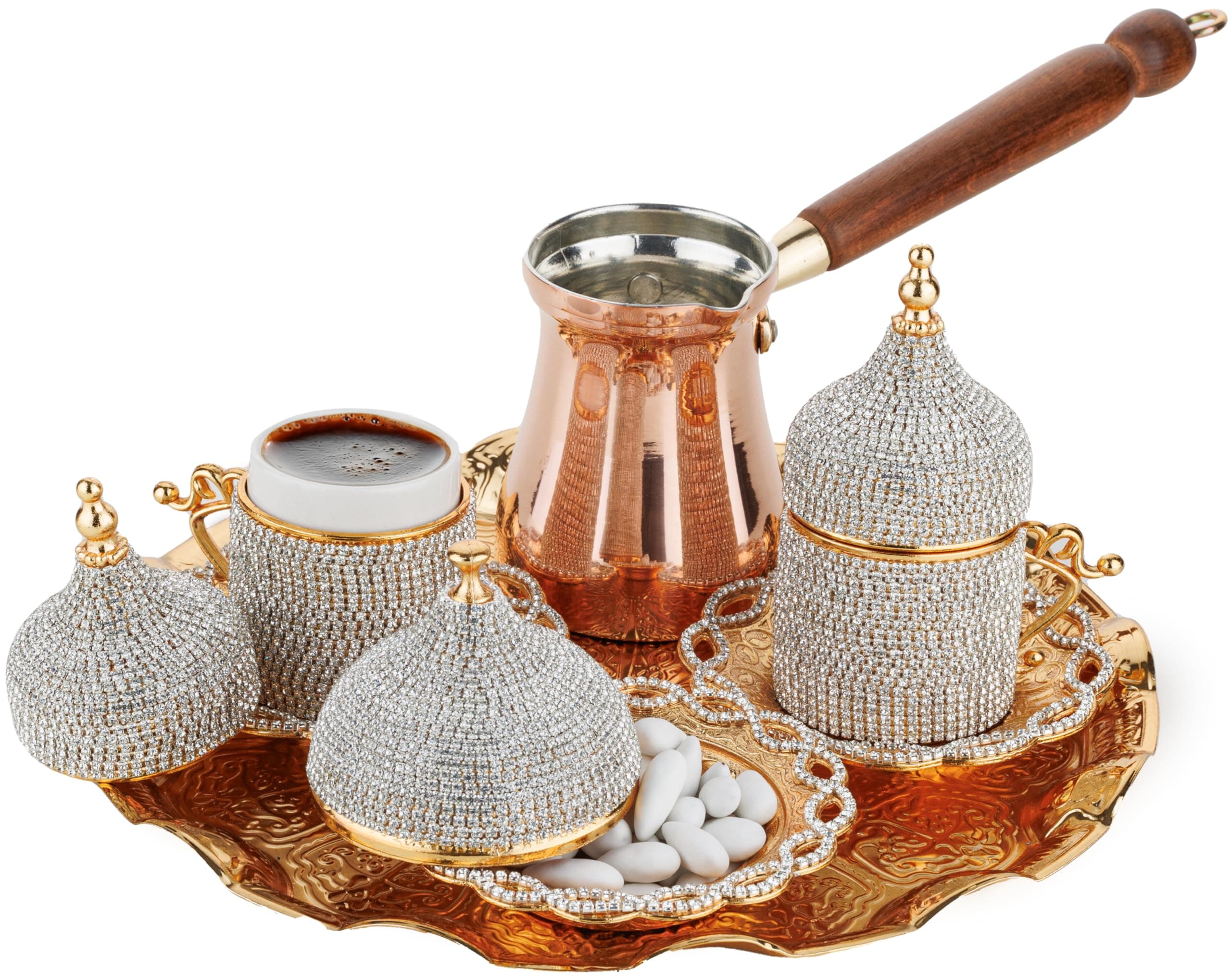 DEMMEX Turkish Greek Arabic Coffee Making and Serving Full Set with Cups Saucers Lids Sugar Bowl Tray and Copper Coffee Pot, Hand Decorated with Gold Crystals, 12 Pcs (Crystals)
