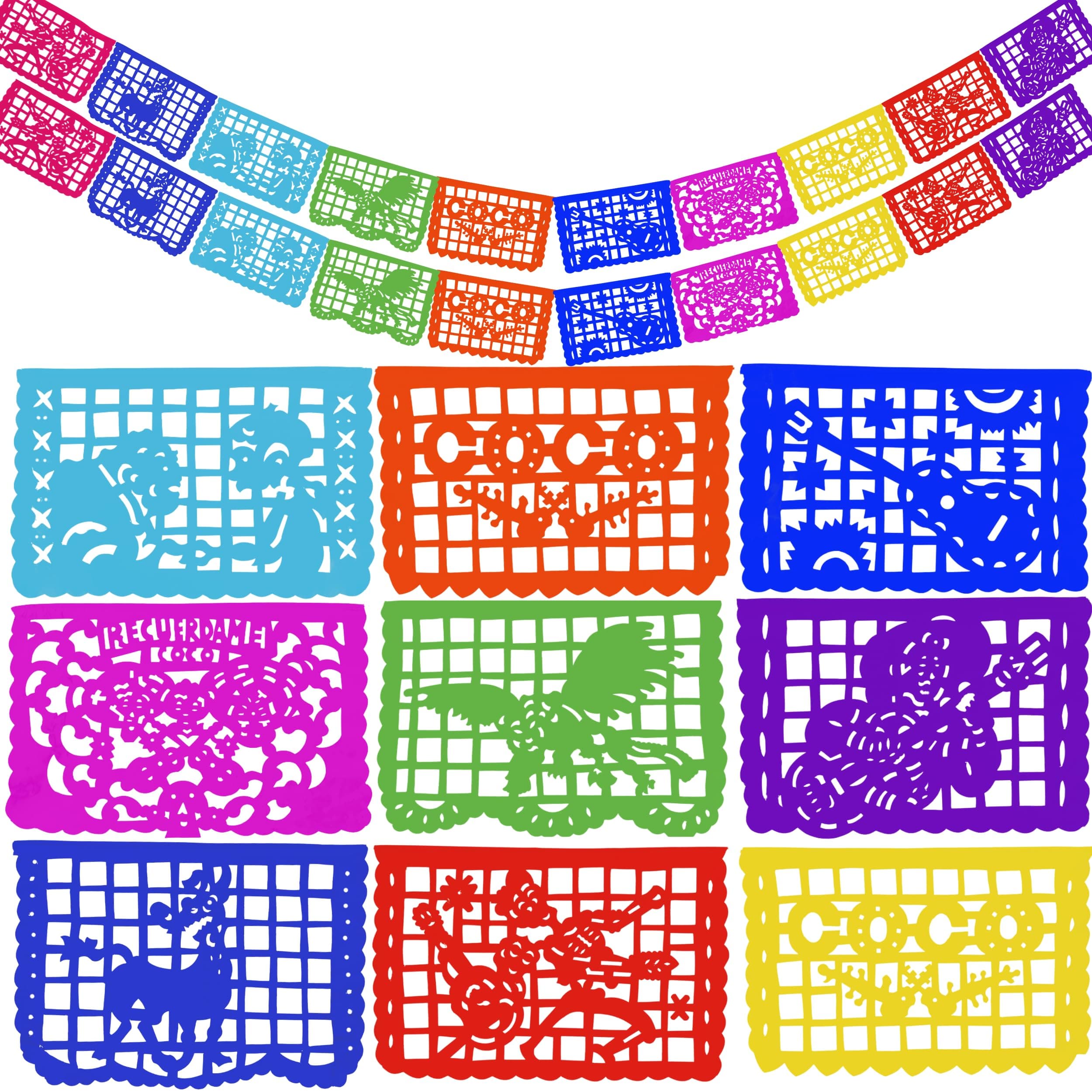 Coco-Inspired Party Banners, Mexican Papel Picado Fiesta Decorations for Día de los Muertos & Birthdays, Handmade by TexMex Fun Stuff (Plastic, 2 x 15 ft, 30 ft total)