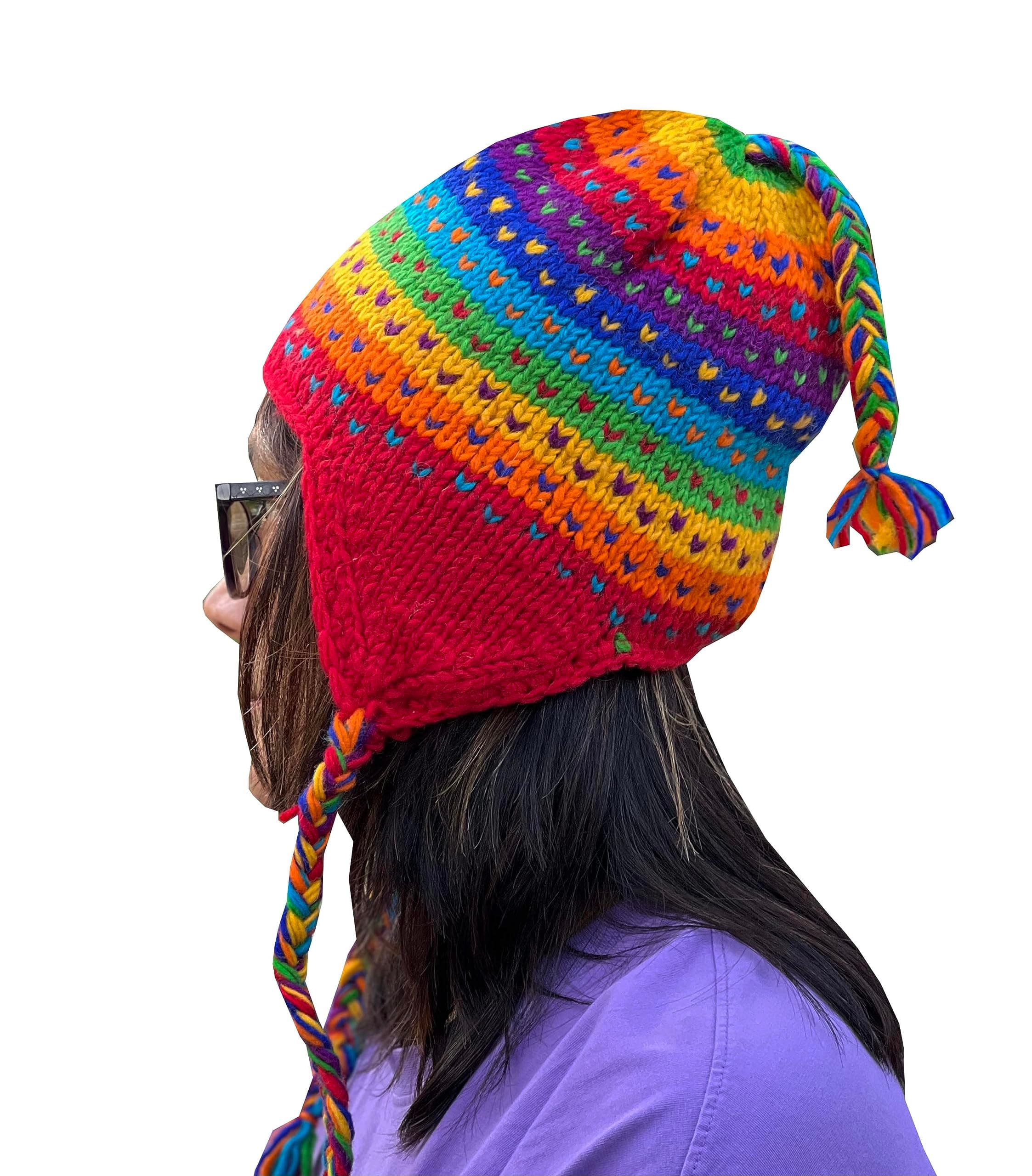 Nepal Hand Knit Ear Flaps Beanie Ski Wool Fleeced Rainbow Hat