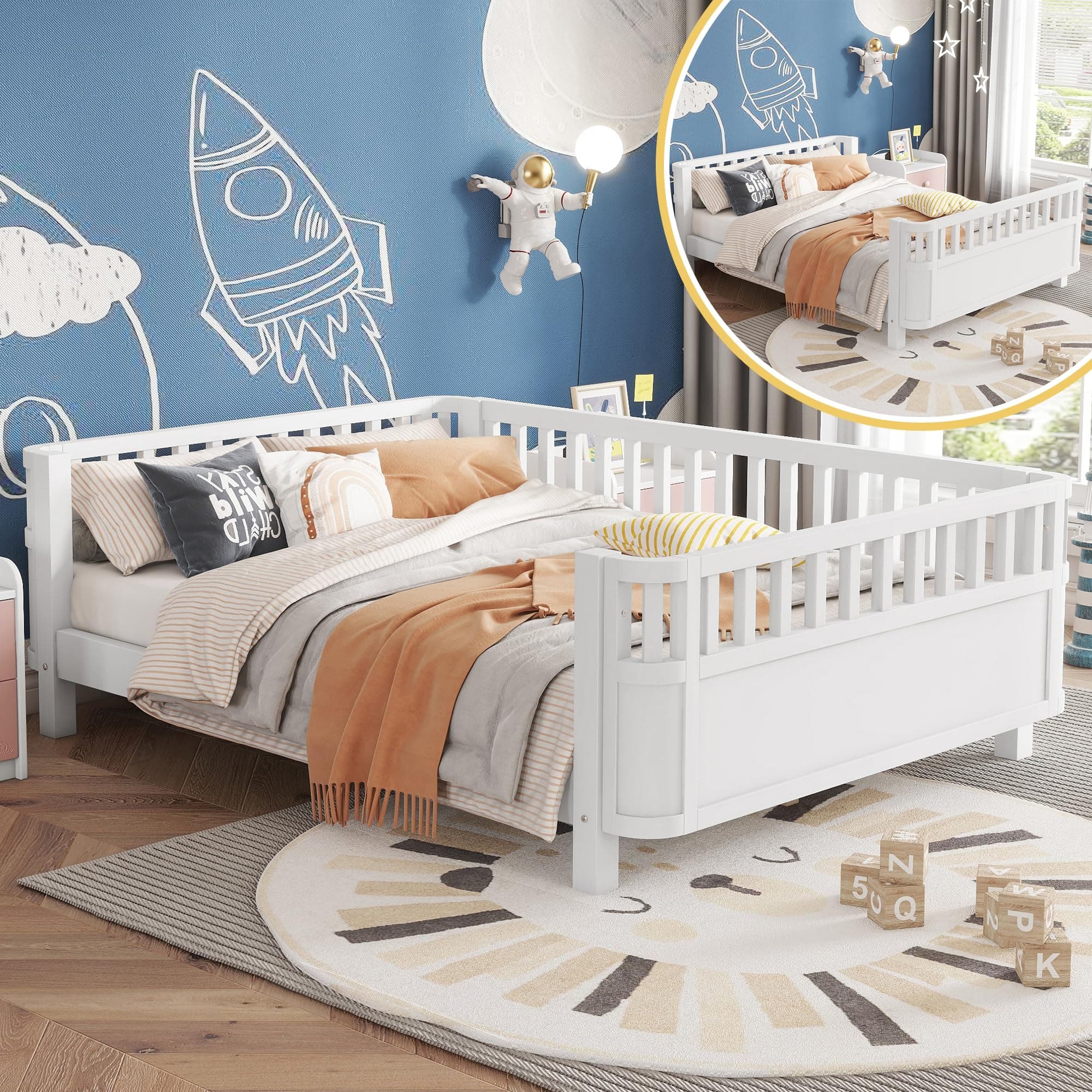 Mirightone Full Size Bed Frame Kids with Rails, Wood Montessori Bed Full with Slats Support, Modern Daybed Low to Ground with Removable Bed Rails for Girls Boys Bedroom Living Room, White