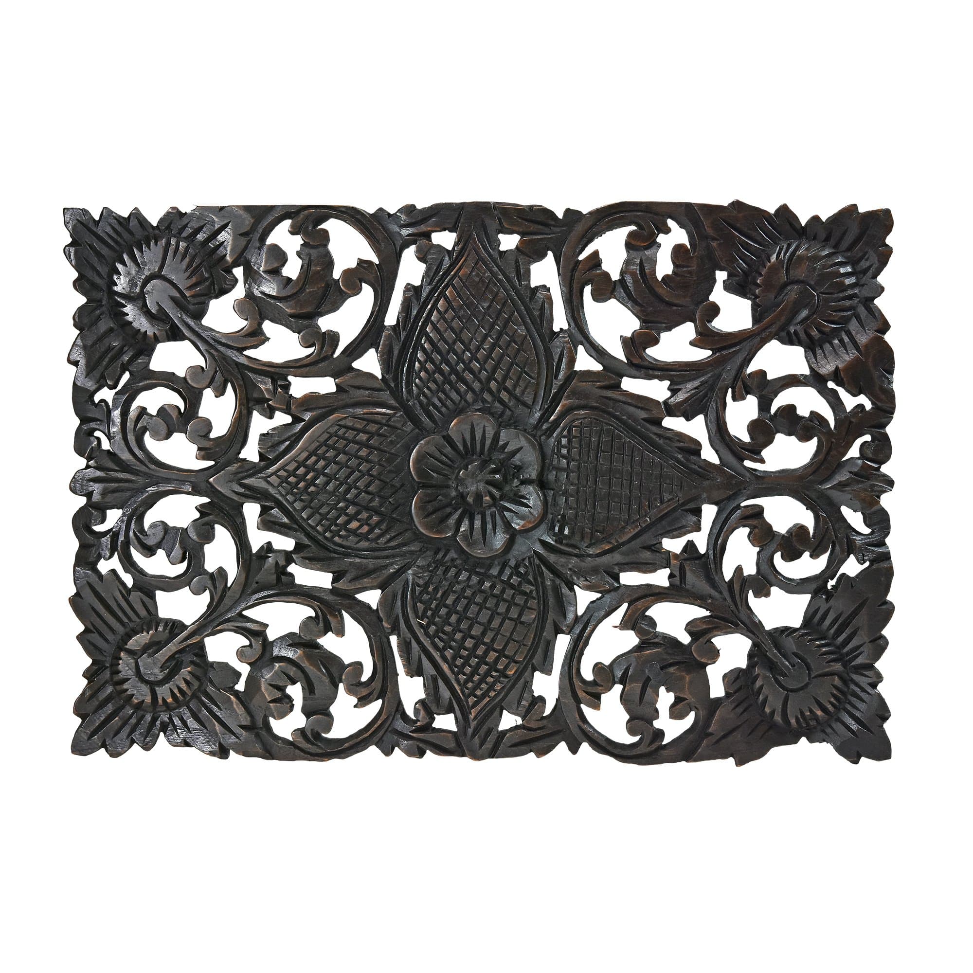 AeraVida Majestic Thai Hibiscus Hand Carved Teak Wood Wall Art