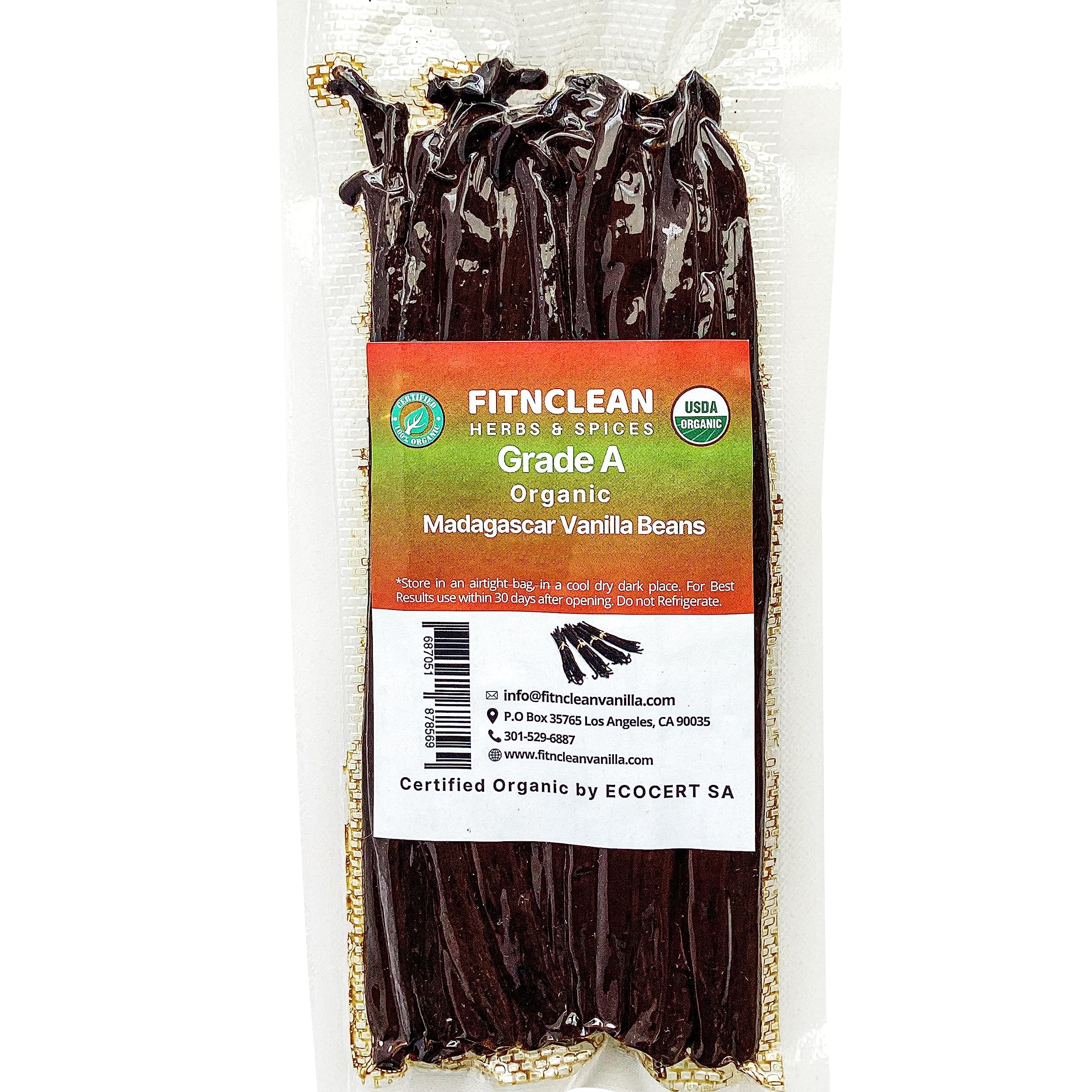 20 Madagascar Organic Vanilla Beans Grade A. Certified USDA Organic. ~6" by FITNCLEAN VANILLA for Baking, Extract and Cooking. Fresh Gourmet NON-GMO Bourbon Whole Pods