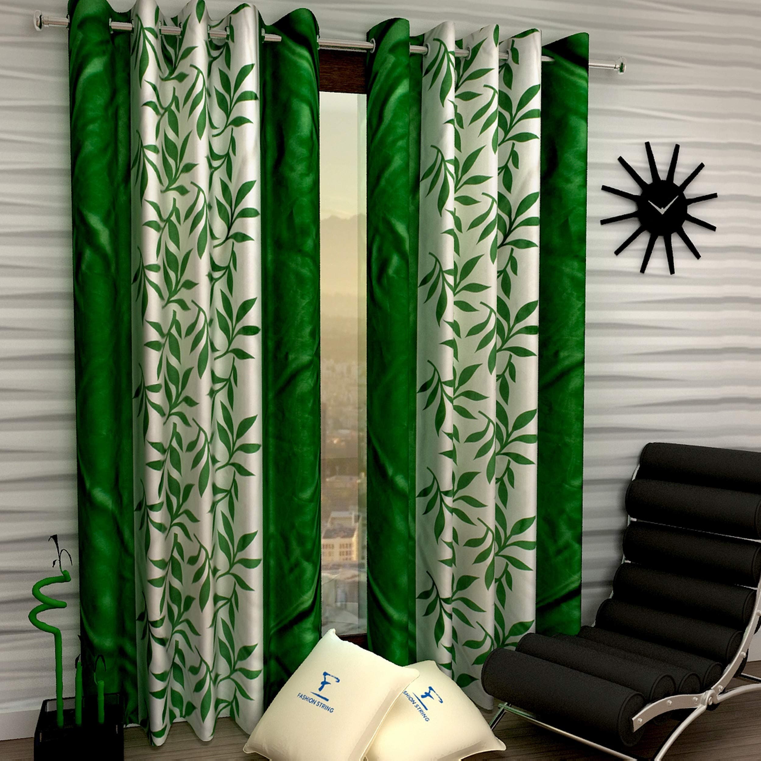 Fashion String Polyresin Door Curtain Set (7 feet Long, Green) - 2 Pieces(Lined), Washable Grommet Semi Sheer