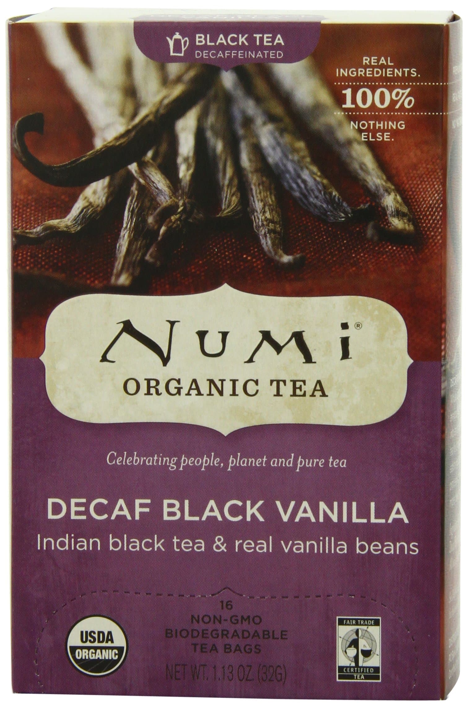 Numi Organic Tea Decaf Vanilla, 16 Count Box of Tea Bags (Pack of 3) Black Tea