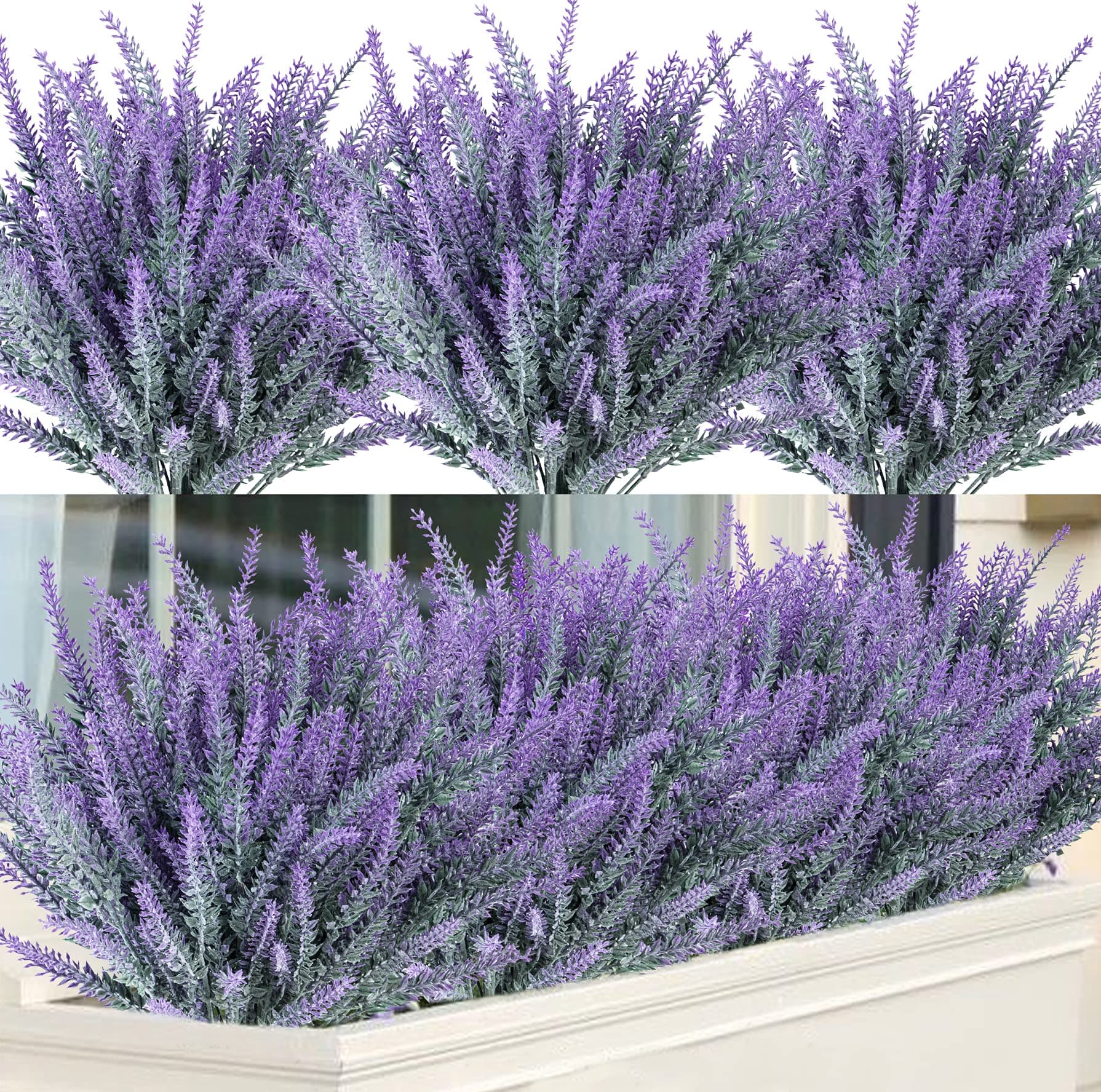 Ouddy Decor 12 Bundles Artificial Lavender Fake Flowers Faux Plastic Plants for Home Wedding Kitchen Garden Patio Window Box Office Table Centerpieces Indoor Outdoor Decor, Gray Purple