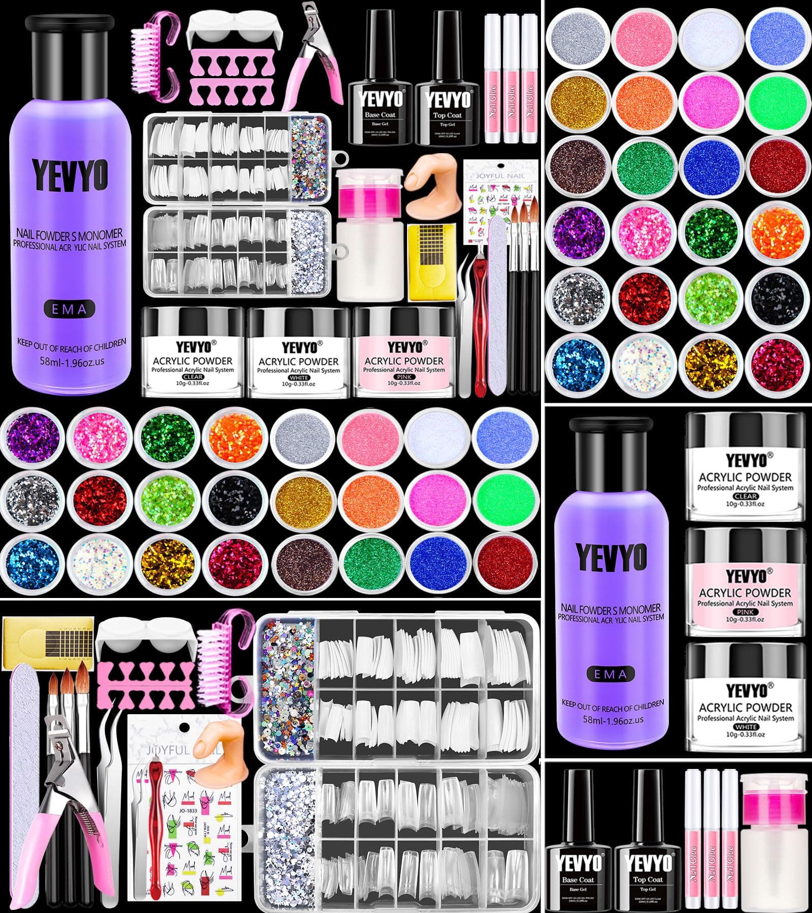 Acrylic Nail Kit, 24 Color Glitter Acrylic Powder Monomer Liquid Set, Nail Kit Set Professional with Everything Acrylic Brushes and 200 Pcs Nail Tips for Extension Beginner