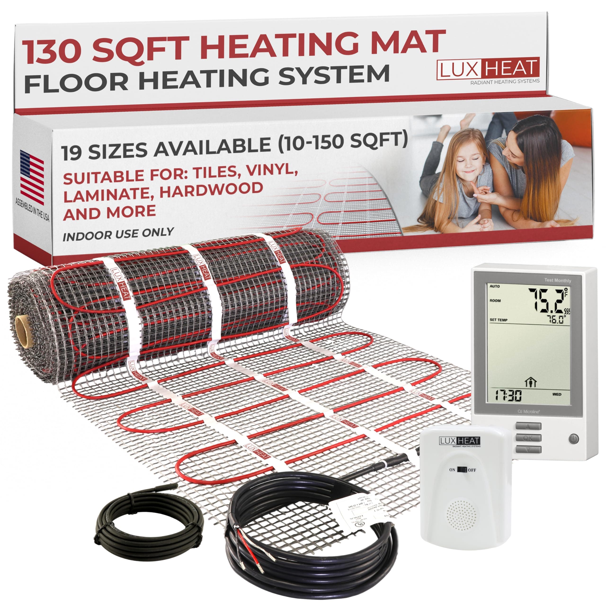 LuxHeat 130sqft Floor Heating Mat Kit – 120v Electric Radiant Heated Flooring System – Heated Flooring Under Tile & Laminate - Includes UDG Programmable Thermostat w/GFCI, Alarm & Sensor