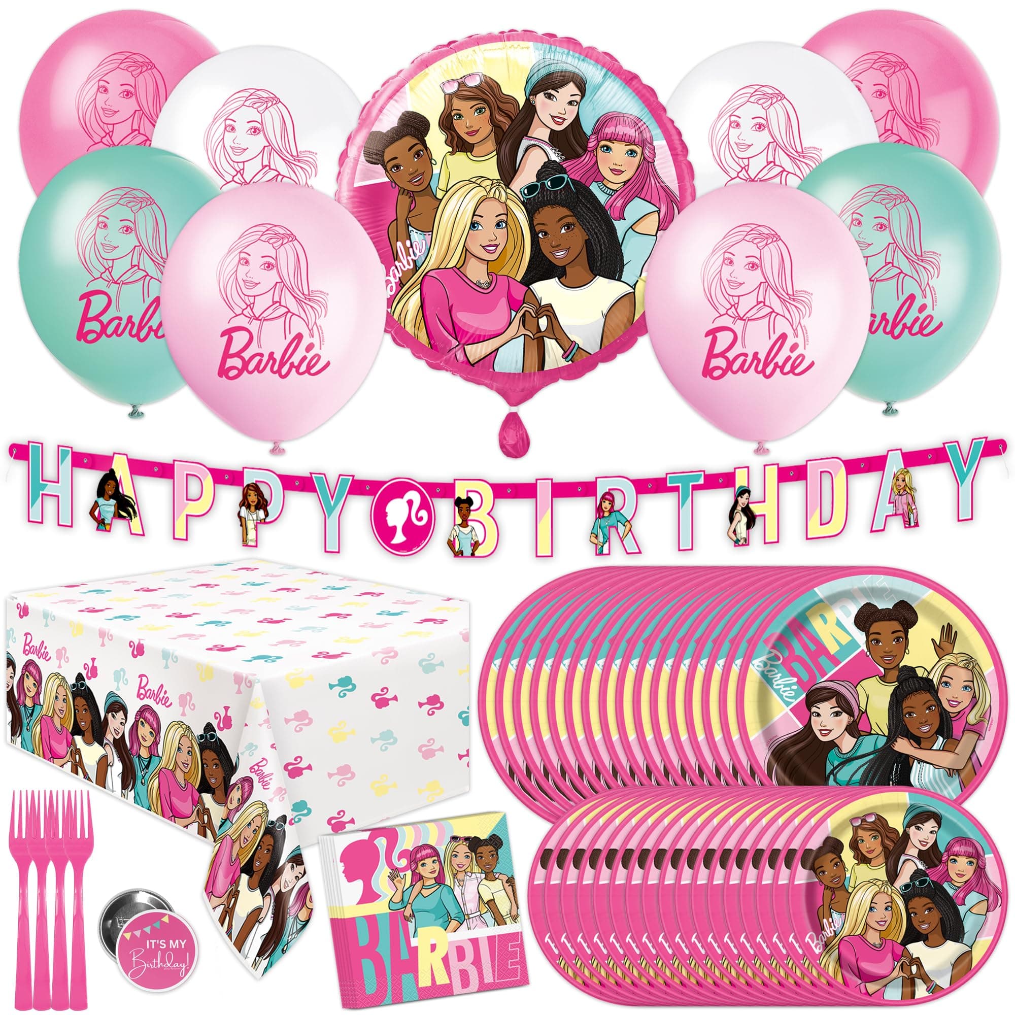 Barbie Birthday Party Decorations | Barbie Party Decorations | Serves 16 Guests | Balloons, Banner, Tablecover, Plates, Napkins, Button | Officially Licensed