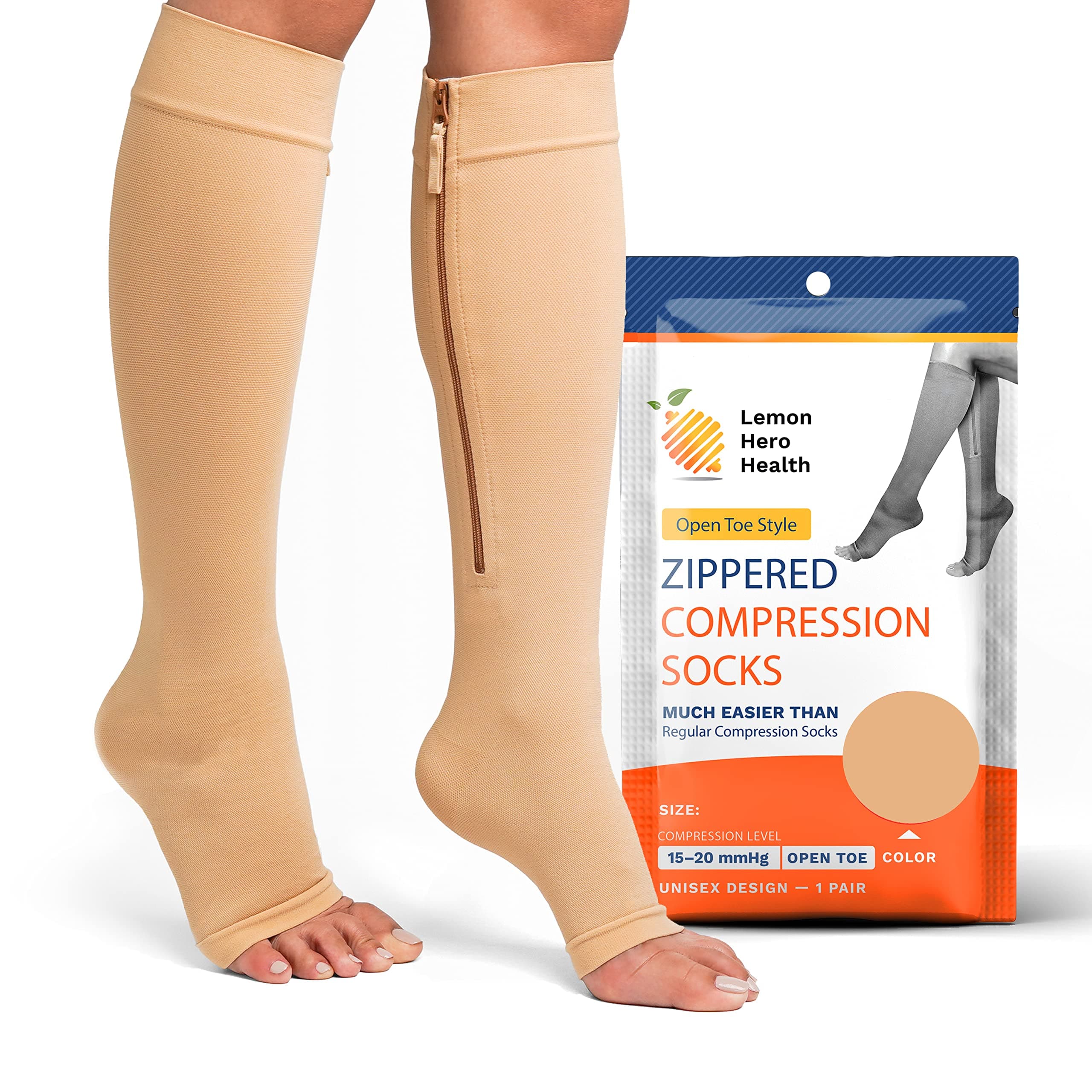 Lemon Hero Zipper Compression Socks 15-20 mmHg Open Toe, Medical Zip Up Compression Stockings for Women and Men - Improves Blood Circulation, Relieves Pain & SwellingOEKO-TEX STANDARD 100