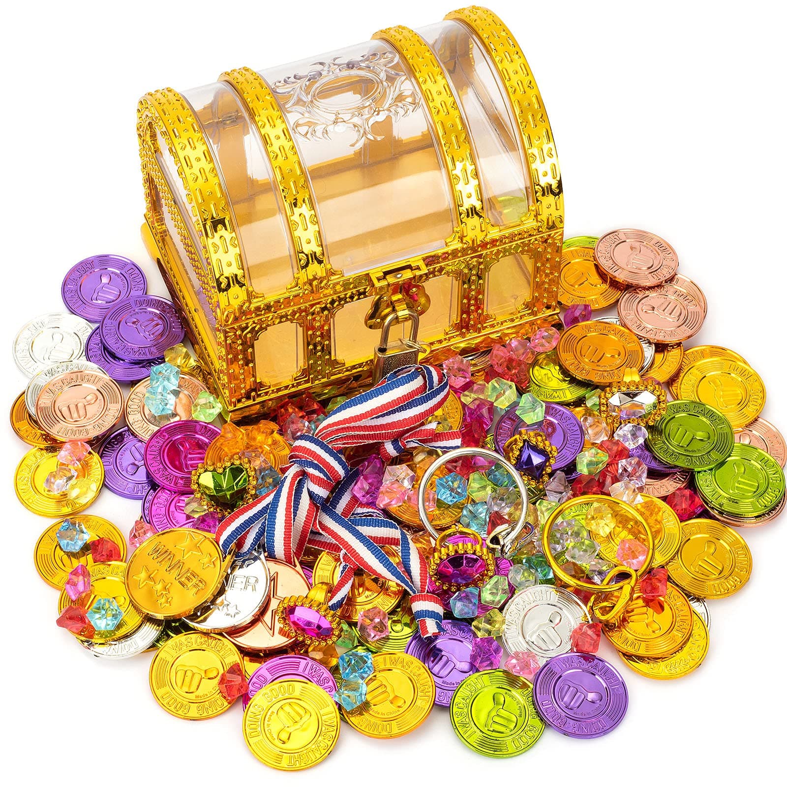 Mini Transparent Gold Pirate Treasure Chest, Treasure Hunt toy Set Accessories with Lock, 3 Medals, 5 Rings, 2 Earrings, 100 Thumb Colorful Coins, 100 Gems.