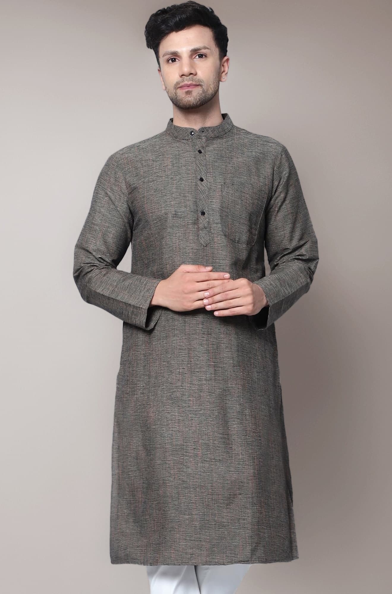 LATEST CHIKAN Men's Cotton Regular Textured Long Kurta Full Sleeves - Casual Ethnic Wear