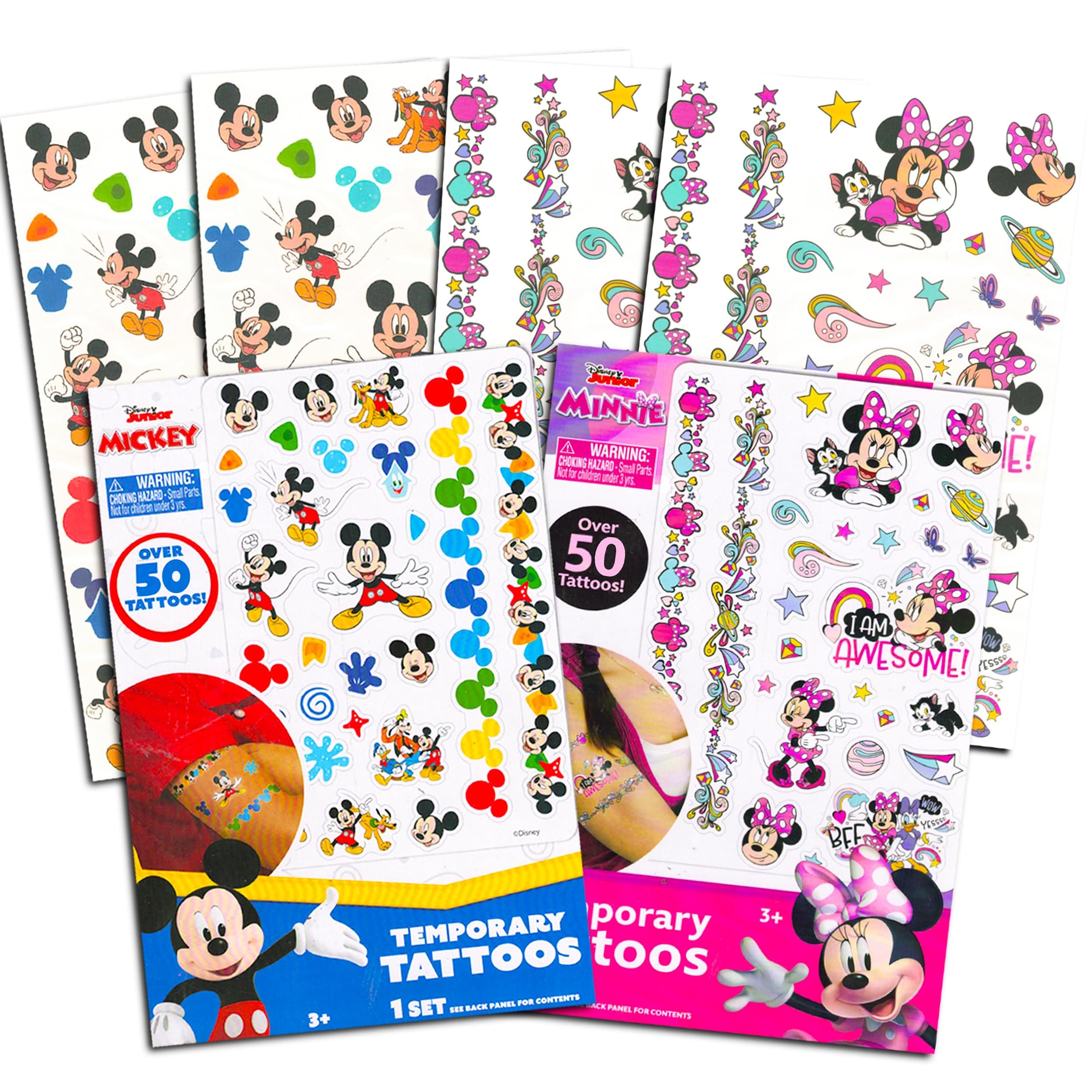 Disney Mickey Mouse and Minnie Mouse Temporary Tattoos Party Favors Pack ~ Bundle Includes 50 Disney Minnie Tattoos and 50 Mickey Mouse Tattoos for Kids Toddlers Boys Girls