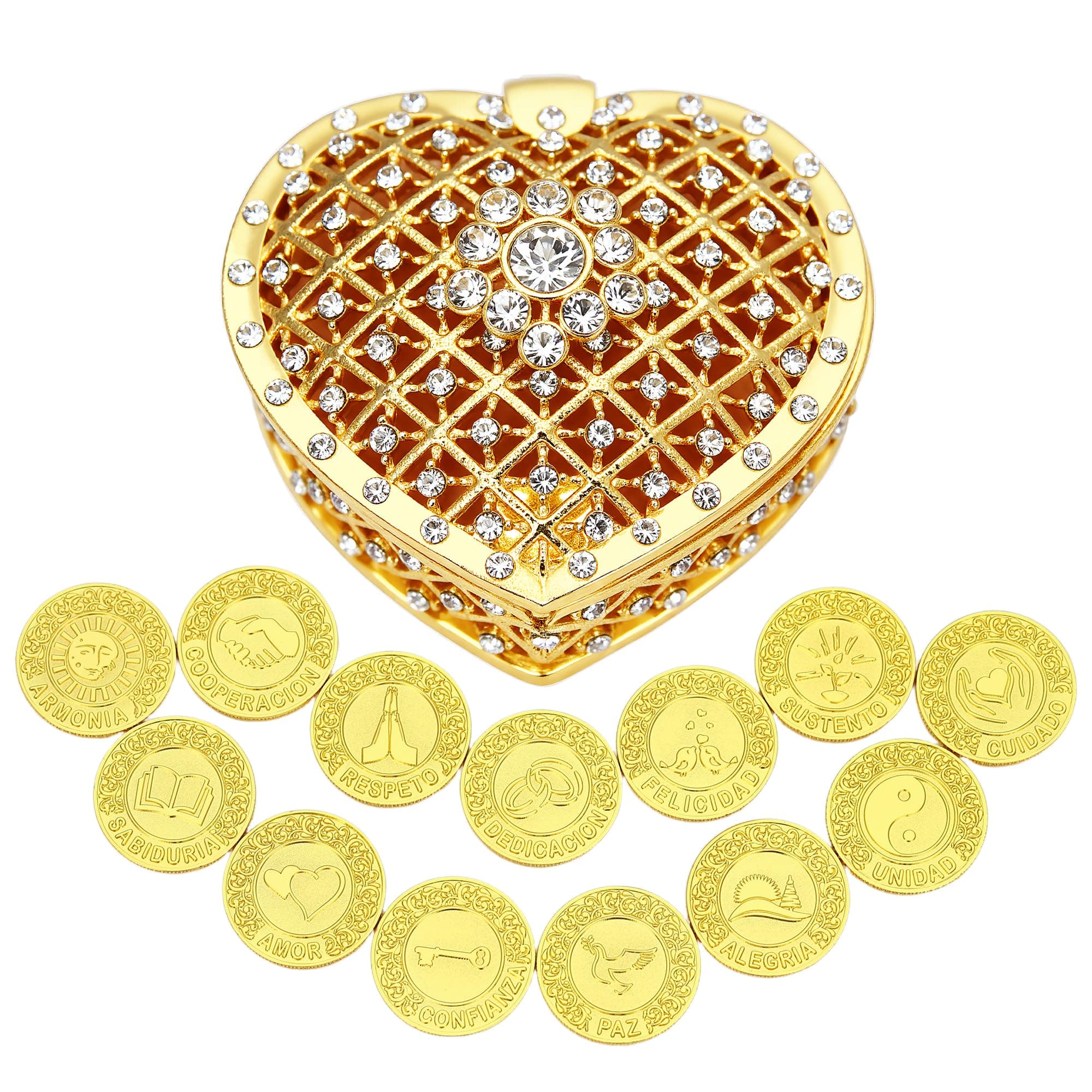 TINGKU 13 Spanish Words Las Arras para Boda Catolica, Wedding Unity Coins Set with Heart Shaped Box, Arras de Boda Cristiana for Wedding Ceremony, Regalos Para Bodas de Matrimonio - Gold Coins
