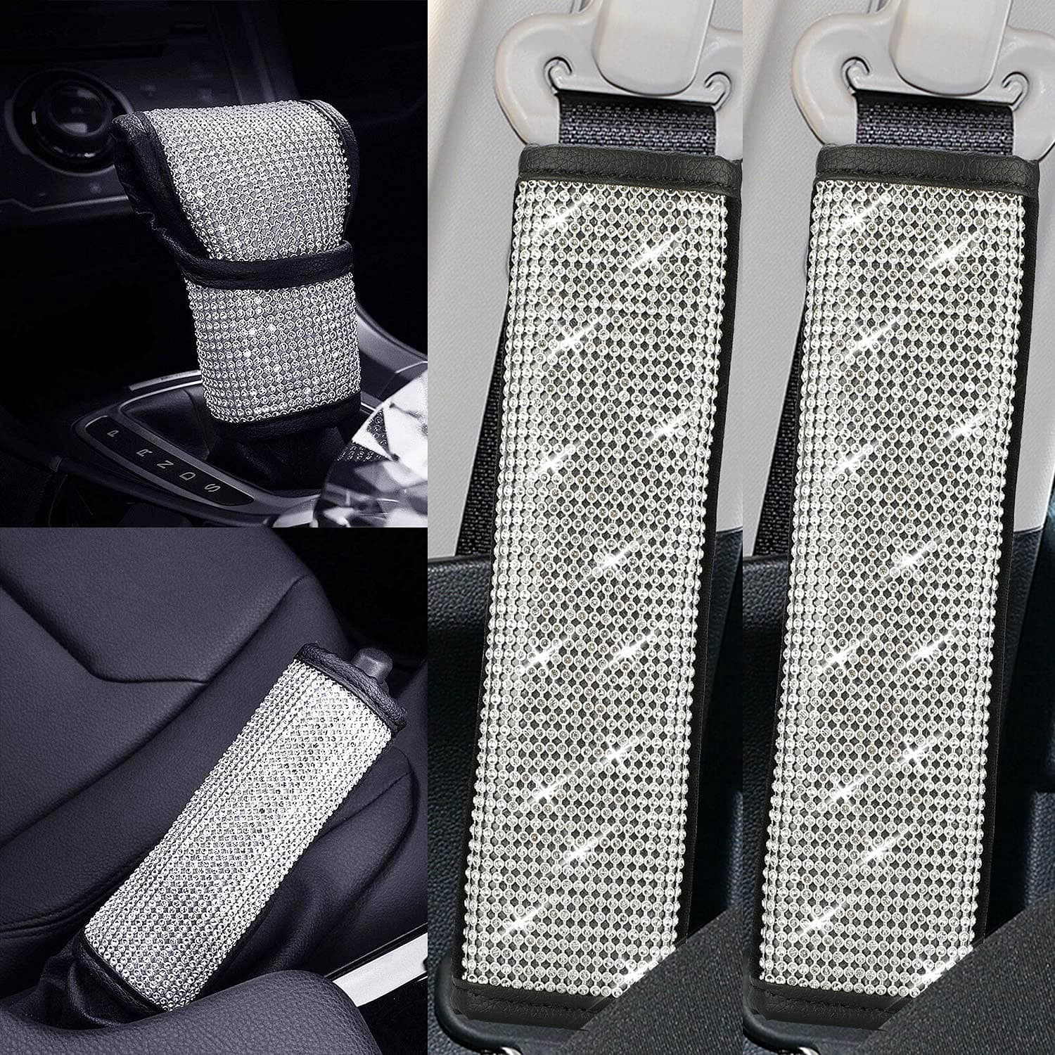 fangfei4pcs/Set Crystal Diamond Gear Shift Knob Cover, Seat Belt Cover, Handbrake Cover Car Bling Accessories Interior