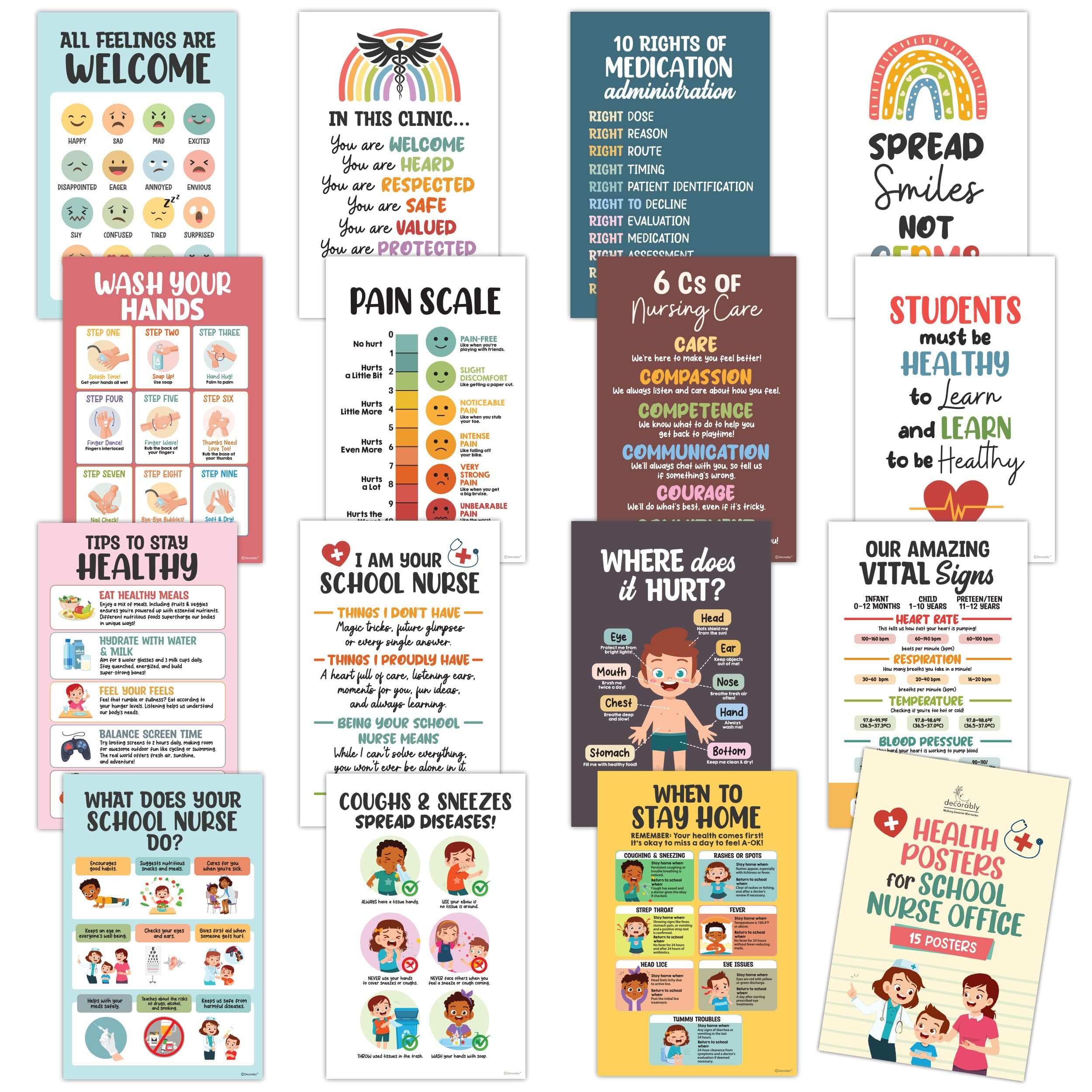 15 Health Posters for School Nurse Office Decor, 11x17in Matte-Laminated Educational School Nurse Office Decorations - Classroom, Bulletin Boards, Home Study Room