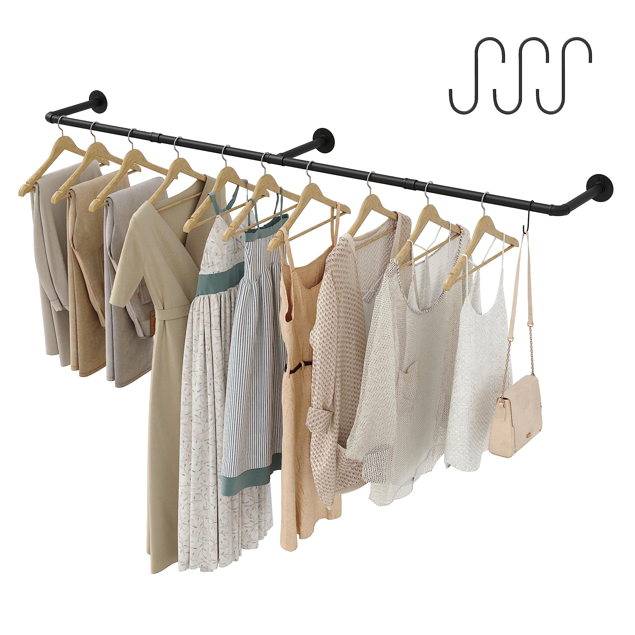 Crehomfy Industrial Pipe Clothes Rack with 3 Hooks, 72’'L Wall Mounted Garment Rack, Heavy Duty Iron Garment Bar, Clothes Hanging Rod Bar for Laundry Room, Max Load 135Lb Black (3 Base)