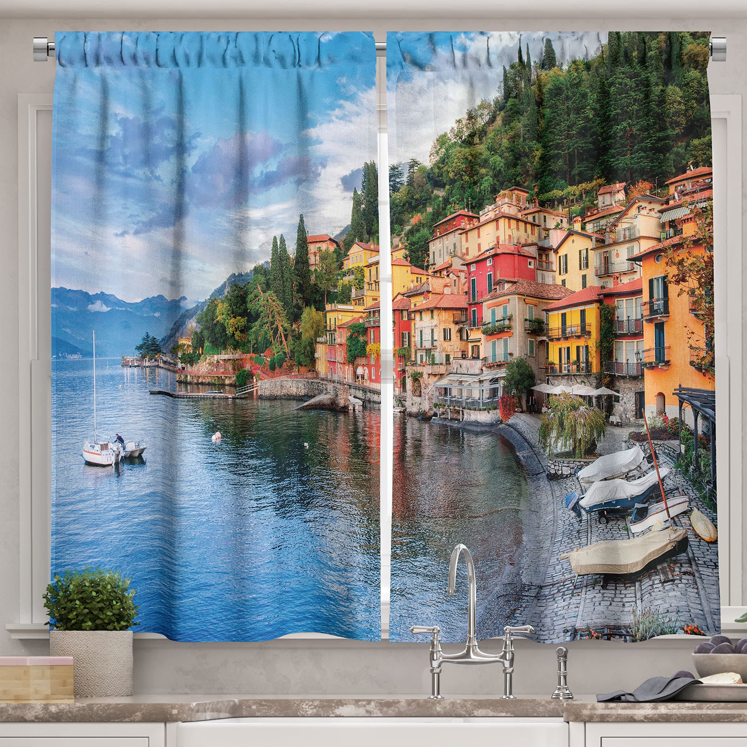 Ambesonne Italian Kitchen Curtains, Summer Village by The Mediterranean Sea with Yacht Boats Idyllic Town Panorama, Window Drapes 2 Panel Set for Kitchen Cafe Decor, 55" X 39", Brown White