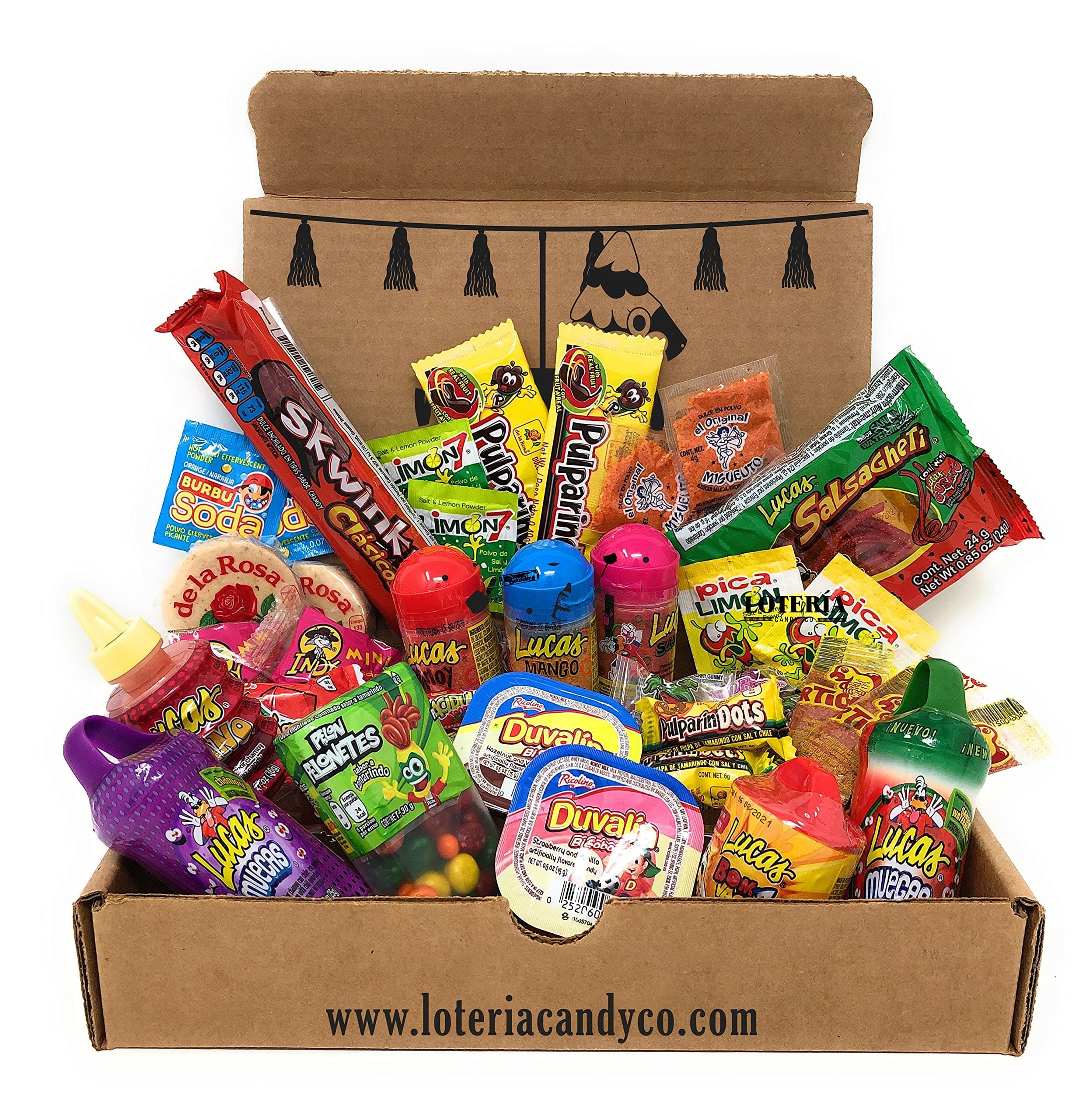 Loteria Candy Co. Ultimate Mexican Care Box Premium Selection (Lucas, De La Rosa, Indy, Vero, Anahuac, Miguelito, Pelon plus Limited Edition IGUEY Tamarind Cover Lollipop) Mexican Candy