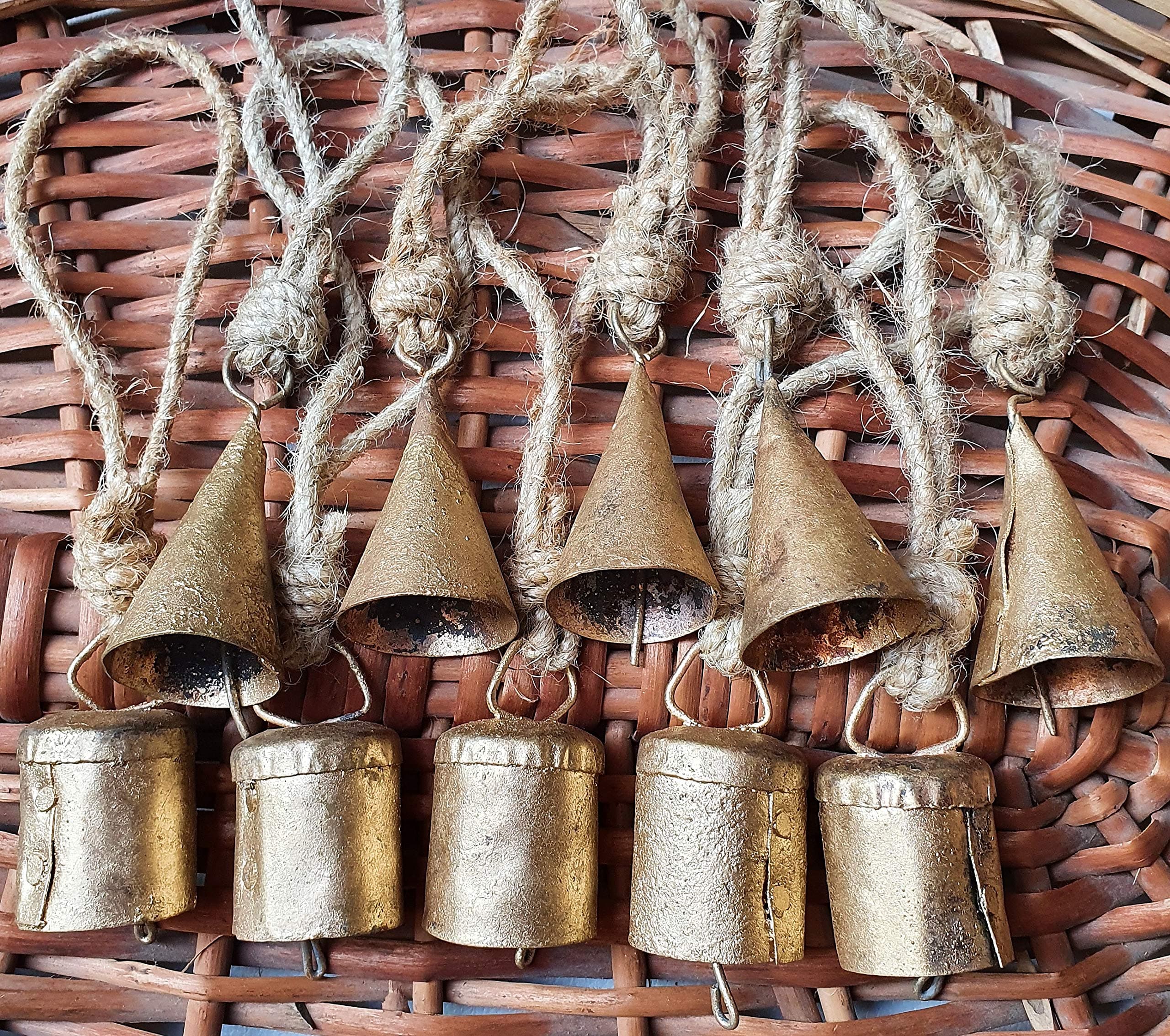 HIGHBIX Handmade Vintage Rustic Lucky Cone-Cylinder Tin Cow Bells with Jute Rope for Christmas Decor - (4cm) Set of 10